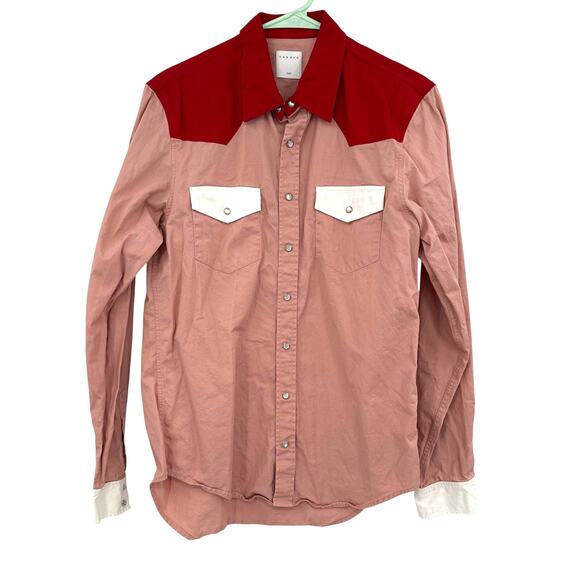 Sandro Size Small Long Sleeve Button Up Blouse Top Shirt Pink Red White Western‎ - Picture 1 of 7